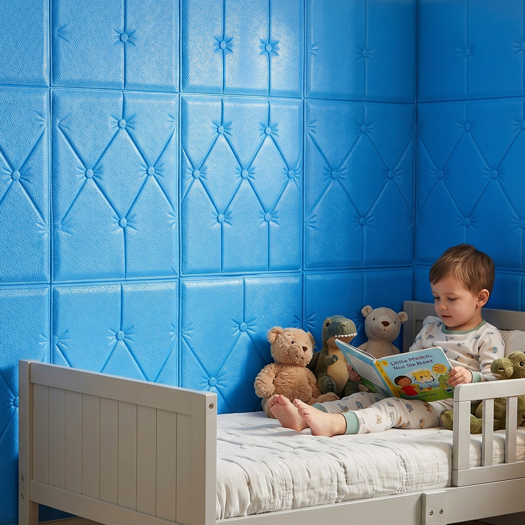 Self Adhesive 3d Foam Wall Panel Cushion Wallpaper (1 Pc Blue 69x35 Cm)