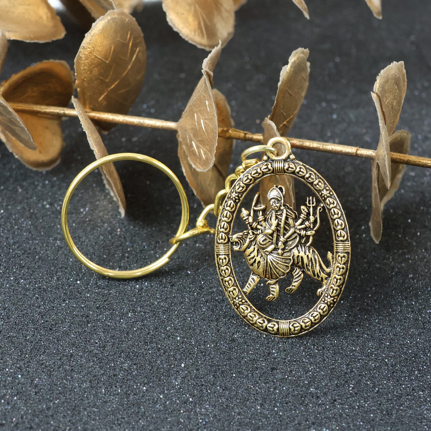 Maa Durga Oval Frame Golden Keychain (1 Pc)
